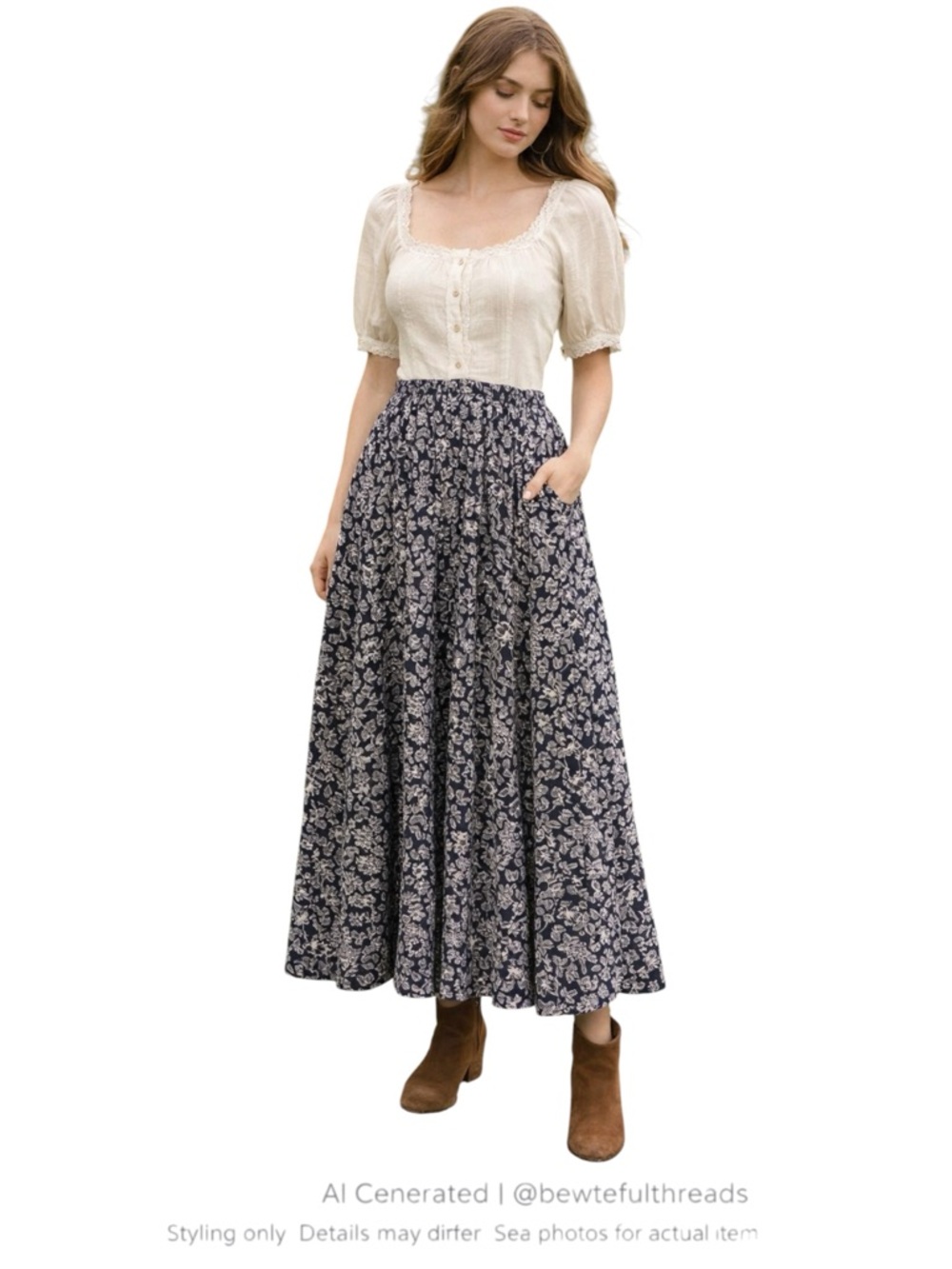 Cottagecore Floral Maxi Skirt Boho Prairie Romantic Flowy Elastic Waist XS/S/M